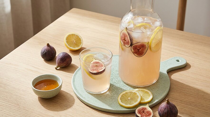 Ein Glas und eine Karaffe mit einem fruchtigen Getränk aus Zitronen und Feigen stehen auf einem Holztisch. Neben den Gefäßen liegen frische Feigen und eine kleine Schüssel mit Honig. Die Szene vermittelt einen warmen, einladenden Eindruck.