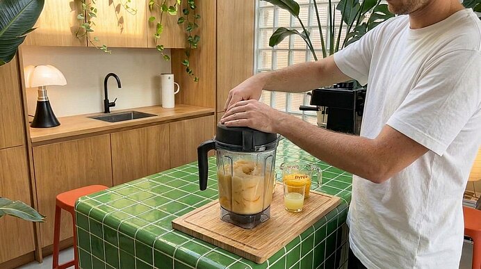 Person bereitet in moderner Küche einen Smoothie zu: Hände halten den Mixerdeckel eines Mixers mit Obst, daneben ein Glas Saft.