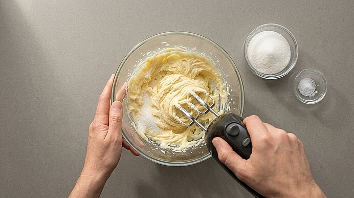 Hände rühren mit einem elektrischen Handmixer cremigen Teig in einer Glasschüssel; rechts stehen kleine Schalen mit Zucker und Salz.