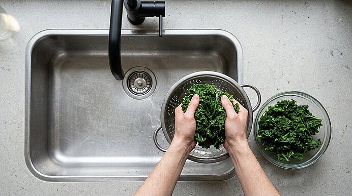 Zwei Hände waschen und abtropfen lassen frischen Grünkohl in einem Sieb über einer Spüle; daneben eine Glasschüssel mit weiteren Grünkohlblättern.