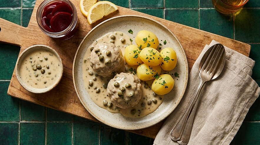 Teller mit zwei Fleischbällchen in cremiger Kapernsauce, dazu Petersilienkartoffeln; daneben ein Schälchen Preiselbeeren, Zitronenscheiben und Besteck auf einem Holzbrett.