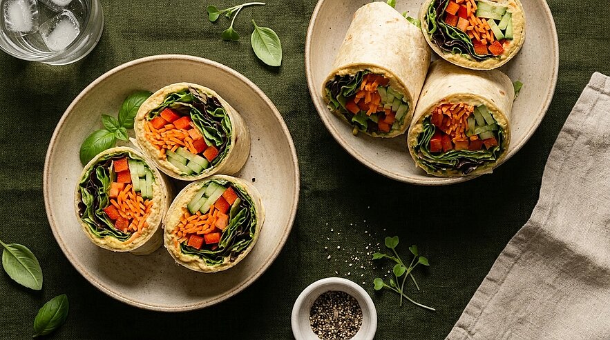 Zwei Teller mit in Viertel geschnittenen Gemüse‑Wraps, gefüllt mit frischem Salat, geraspelten Karotten, Gurken und Kräutern.