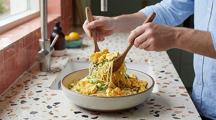 Hände mischen Spaghetti mit Rührei und Erbsen in einer großen Schüssel mit zwei Holzlöffeln auf einer Küchenarbeitsplatte.