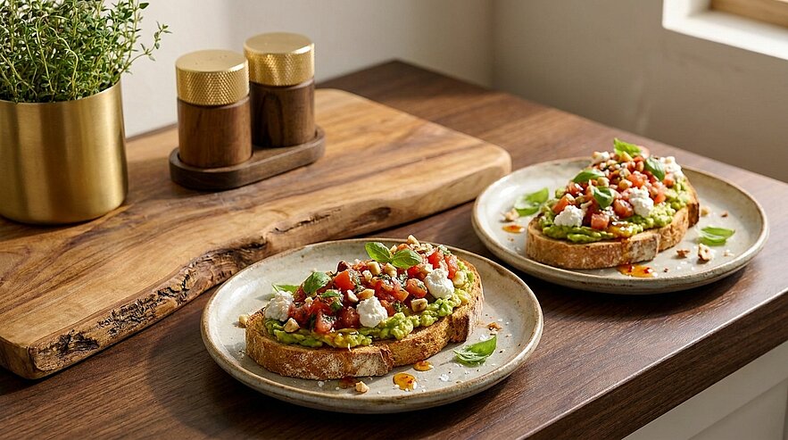 Zwei Teller mit Avocado-Toast: geröstete Brotscheiben bestrichen mit zerdrückter Avocado, belegt mit gewürfelten Tomaten, zerbröseltem Feta und frischen Basilikumblättern, serviert auf einer Holzoberfläche.