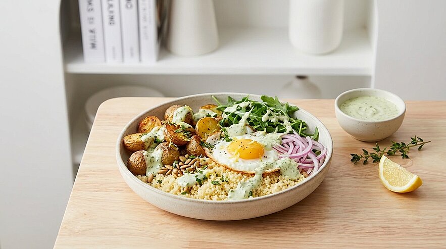 Schale mit Couscous, gebratenem Spiegelei, gerösteten Kartoffelhälften, Rucola, roten Zwiebelringen, Pinienkernen und grüner Kräuter-Joghurt-Sauce; Zitronenschnitz und zusätzliche Schale Sauce daneben.