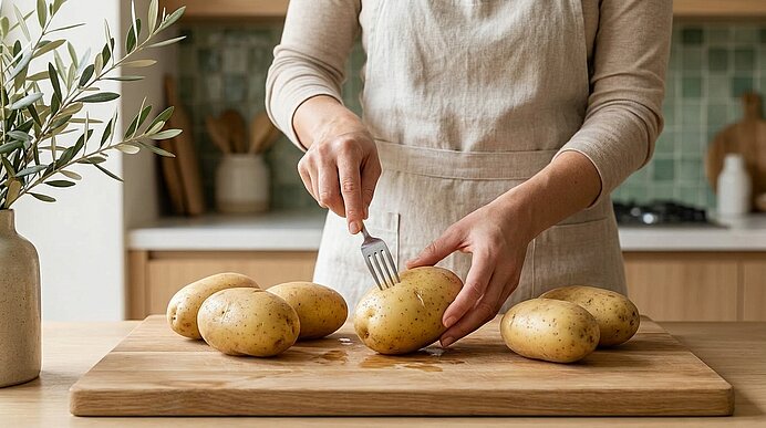 Hände einer Person in Schürze stechen mit Gabel in eine Kartoffel auf einem Holzbrett; mehrere rohe Kartoffeln liegen daneben.
