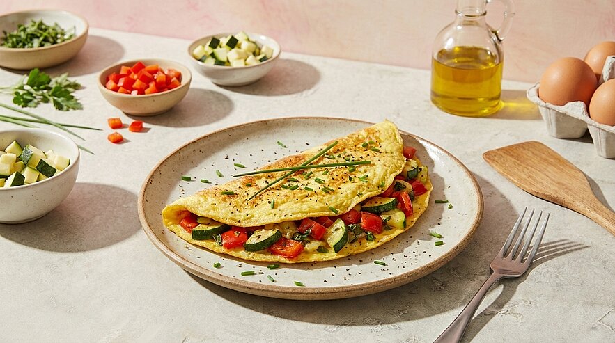 Ein Teller mit einem gefalteten Omelett, gefüllt mit buntem Gemüse wie Zucchini und Paprika. Neben dem Teller sind verschiedene Schalen mit geschnittenem Gemüse und eine Flasche Olivenöl. Im Hintergrund liegen frische Eier und ein Holzlöffel.