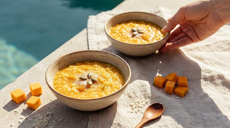 Zwei Schalen mit cremigem orangefarbenem Kürbis-Haferbrei, jeweils mit Kürbiskernen garniert; eine Hand greift nach einer Schale.