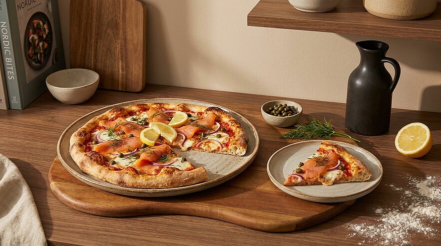 Ein frisch gebackener Pizzateller mit Schinken, Zitrone und Kräutern. Eine Portion Pizza ist auf einem kleinen Teller neben der Hauptpizza angerichtet. Im Hintergrund sind einfache Küchenutensilien und ein Kochbuch sichtbar, alles auf einem Holzbrett arrangiert.