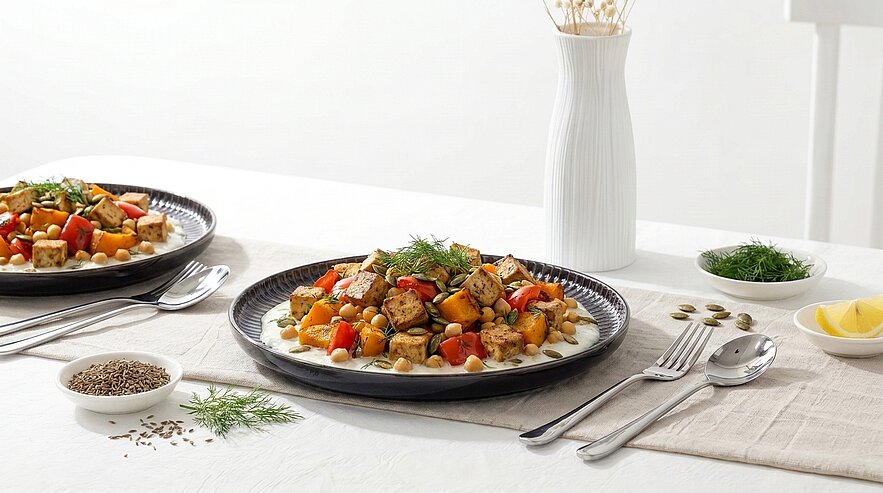 Zwei Teller mit gebratenem buntem Gemüse und kleinen Würfeln auf cremiger Sauce, garniert mit frischen Dillzweigen, auf einem weiß gedeckten Tisch.