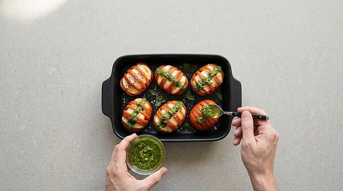Zwei Hände träufeln mit einem Löffel grünes Pesto auf gebackene Fächertomaten mit Mozzarella in einer Auflaufform.