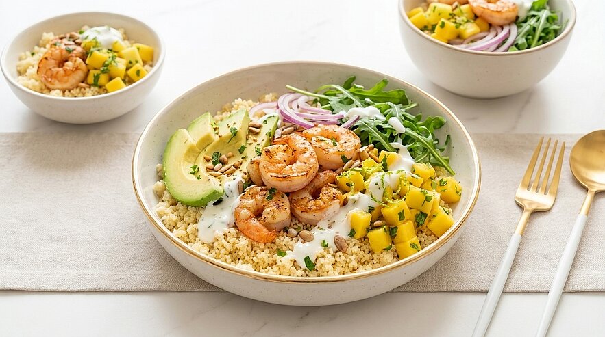 Schüssel mit gegrillten Garnelen auf Couscous, dazu Mangowürfel, Avocadoscheiben, Rucola, rote Zwiebelringe und Joghurtdressing.