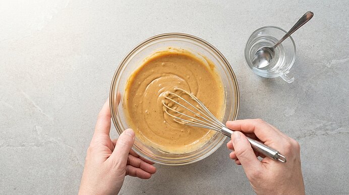 Zwei Hände rühren mit einem Schneebesen eine cremige, hellbraune Sauce oder Teig in einer Glasschüssel; daneben steht ein kleines Glas mit Löffel.