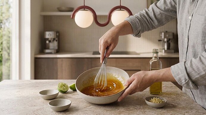 Hände einer Person verquirlen eine orangefarbene Sauce in einer Schüssel mit einem Schneebesen auf einer Küchenarbeitsplatte; daneben Limettenhälften, kleine Schälchen, Knoblauch und eine Flasche Olivenöl.