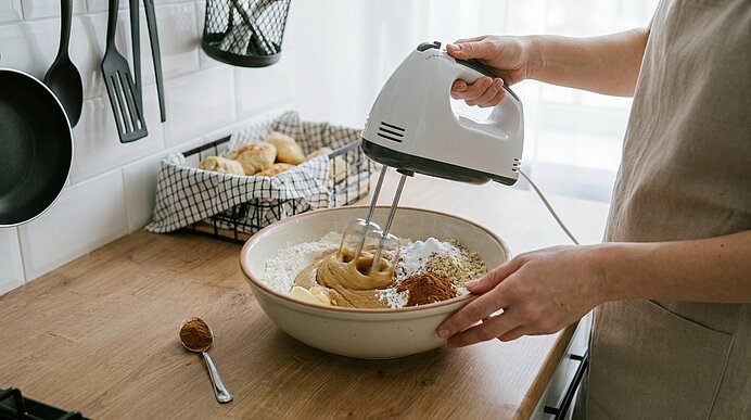 Hände einer Person rühren mit elektrischem Handmixer Teig in einer großen Schüssel auf der Küchenarbeitsplatte; Mehl und Gewürze sichtbar.