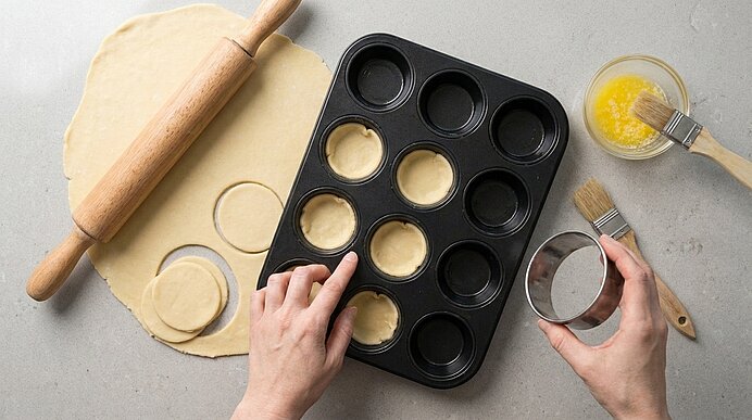 Hände drücken runde Teigkreise in ein Muffinblech. Daneben liegen ausgerollter Teig, Ausstecher und Nudelholz.