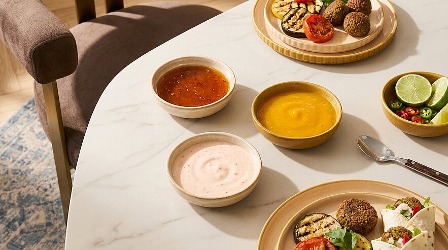 Teller mit Falafel, gegrilltem Gemüse und Fladenbrot; daneben drei kleine Schälchen mit verschiedenen Dips (rote, gelbe, rosa) und eine Schale mit Limetten‑ und Chilischeiben auf weißer Tischplatte.