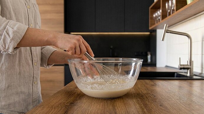 Person rührt mit Schneebesen Teig in einer großen Glasschüssel auf Holzarbeitsplatte in moderner Küche.