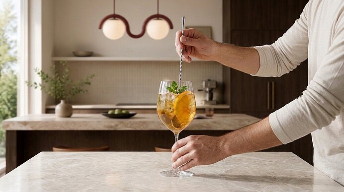 Hände rühren mit einem langen Barlöffel einen mit Eis, Orangenscheibe und Minze garnierten Cocktail in einem Weinglas auf einer Küchenarbeitsplatte.