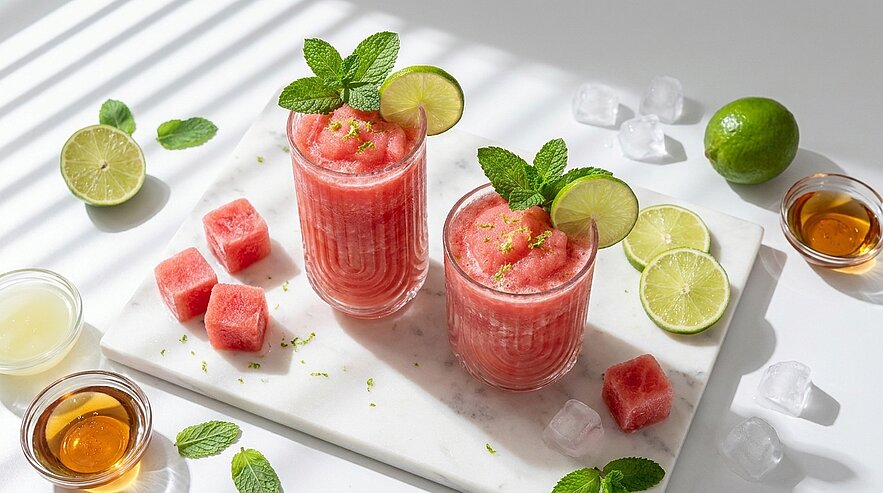Zwei Gläser mit rosa Wassermelonen-Slush, garniert mit Limettenscheiben und Minzblättern auf einem weißen Marmorbrett, umgeben von Melonenwürfeln, Limettenhälften, Eiswürfeln und kleinen Schälchen mit Sirup.
