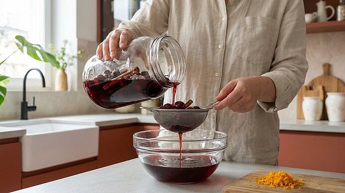 Person gießt dunkelrote Flüssigkeit mit Früchten aus einem großen Glas durch ein Sieb in eine Schüssel.