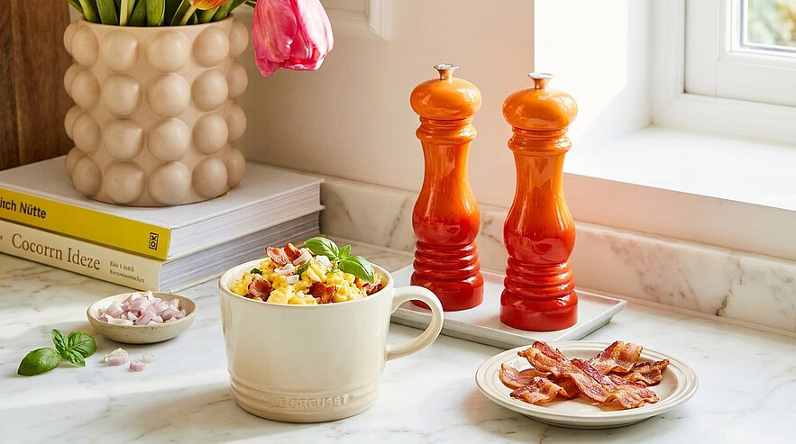 Ein gefüllter, weißer Becher mit einer bunten Mischung aus Eiern, Speck und Kräutern steht auf einem Tisch. Daneben liegen gebratene Speckstreifen und eine kleine Schale mit Zwiebelstücken. Im Hintergrund sind zwei orangefarbene Salz- und Pfeffermühlen und ein Blumentopf zu sehen.