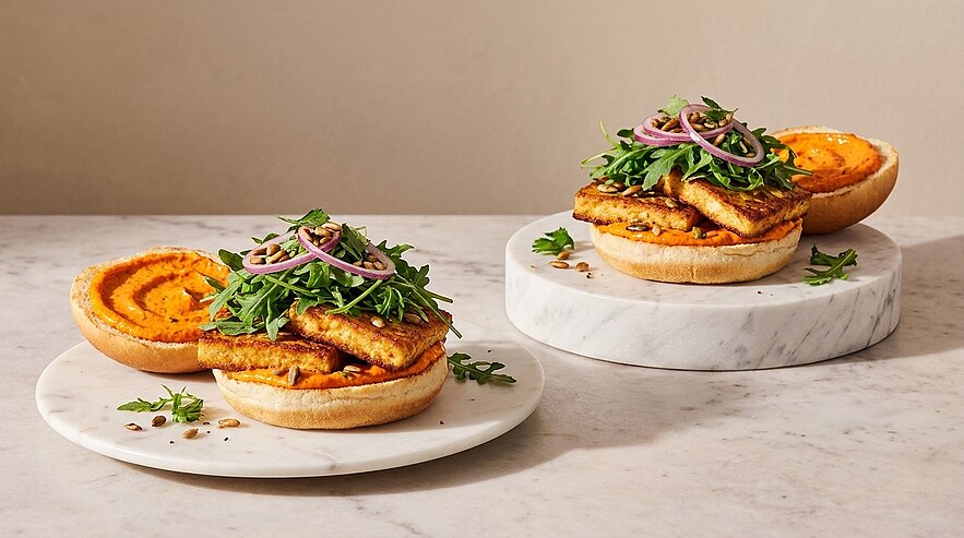 Zwei offene Burger mit orangefarbener Aufstrich, gegrillter Pflanzen-Patty, Rucola und eingelegten roten Zwiebeln, auf runden Marmorplatten angerichtet.