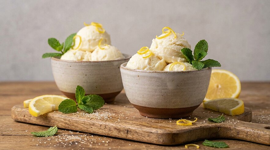 Zwei Keramikschalen mit Zitronensorbet, jeweils mit Zitronenzesten und frischer Minze garniert; Zitronenscheiben und Minzblätter liegen auf einem Holzbrett.