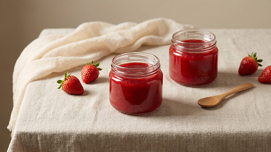 Zwei Gläser mit Erdbeermarmelade stehen auf einem Tisch. Rund um die Gläser liegen frische Erdbeeren. Neben den Gläsern liegt ein kleiner Holzlöffel. Der Tisch ist mit einem beige farbigen Tuch bedeckt.