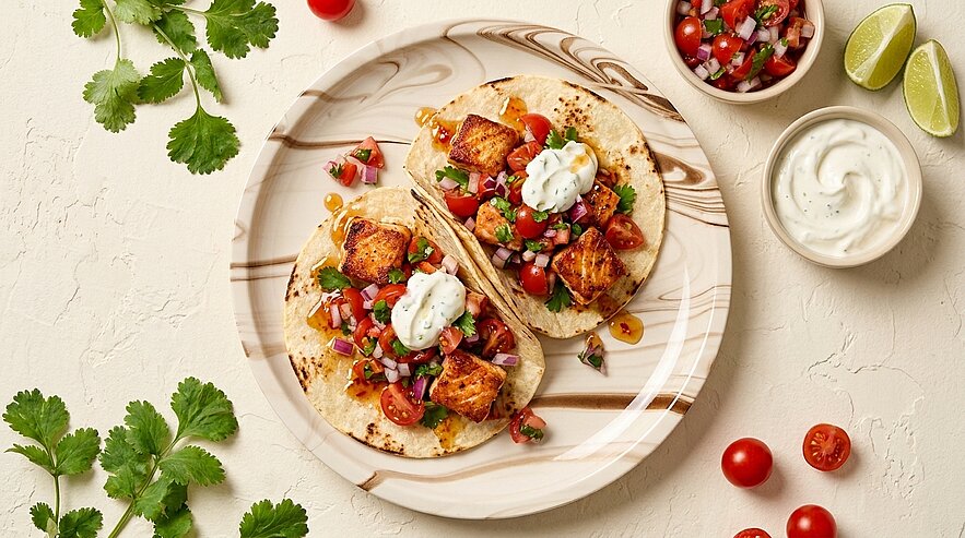 Zwei kleine Tortillas auf einem Teller, gefüllt mit gebratenen Fischstücken, frischer Salsa, Koriander und Joghurtsauce; daneben Limettenspalten und Kirschtomaten.