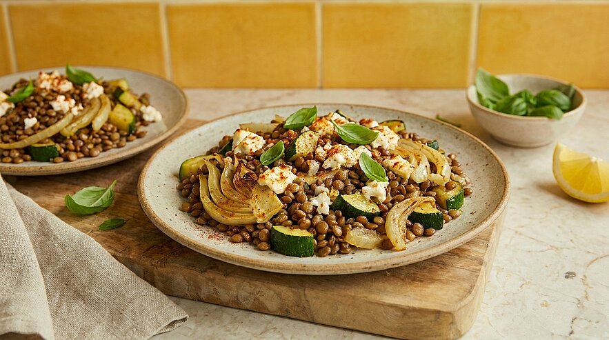 Zwei Teller mit rustikalem Linsensalat: grüne Linsen, gerösteter Fenchel und Zucchini, zerbröckelter Feta, frische Basilikumblätter, leicht gewürzt. Im Hintergrund Zitronenviertel und zusätzliche Basilikumblätter.
