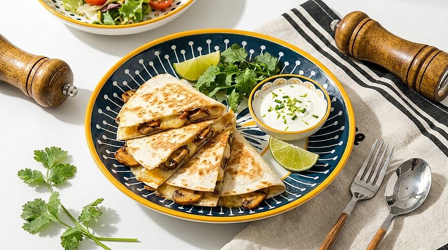 Teller mit goldbraun gegrillten Quesadilla-Dreiecken, dazu ein Schälchen cremiger Dip, Limettenviertel und frische Korianderblätter als Garnitur.