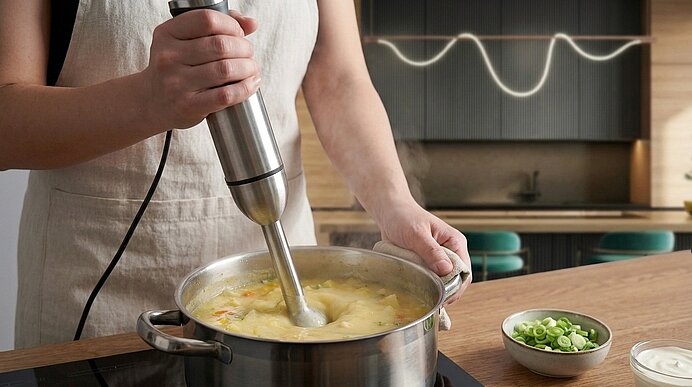 Hände einer Person mit Schürze bedienen einen Stabmixer, der eine cremige Gemüsesuppe in einem Topf püriert; daneben eine Schale mit gehackten Frühlingszwiebeln.