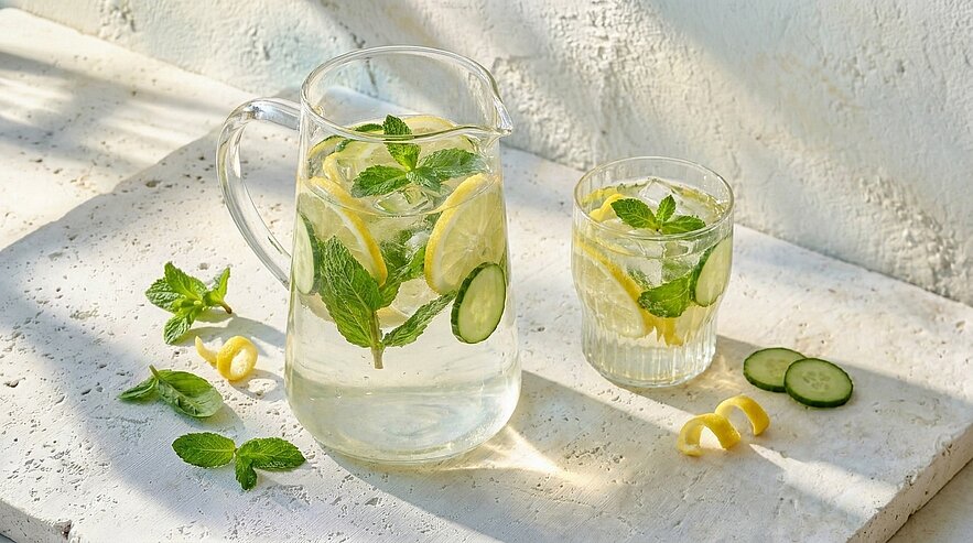 Krug und Glas mit erfrischendem Wasser, gefüllt mit Zitronenscheiben, Gurkenscheiben und frischer Minze, auf hellem Untergrund.