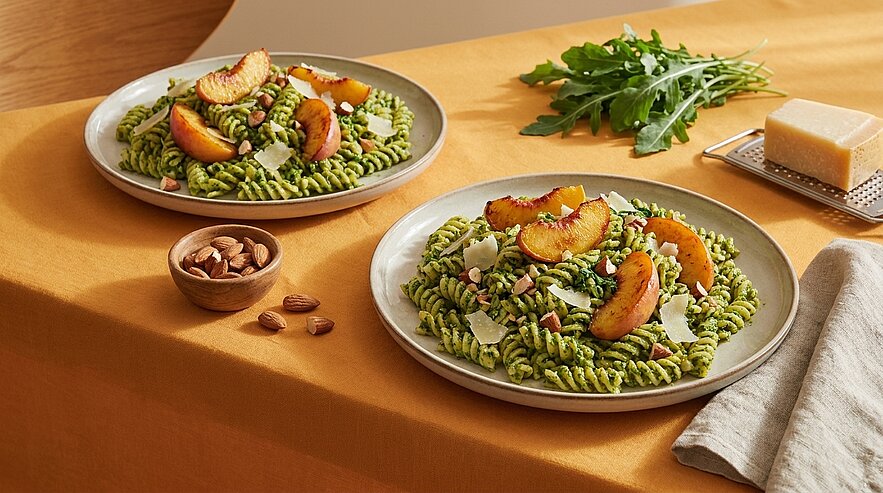 Zwei Teller Fusilli mit grünem Pesto, garniert mit gebratenen Pfirsichscheiben, Rucola, gehobeltem Parmesan und gehackten Nüssen.