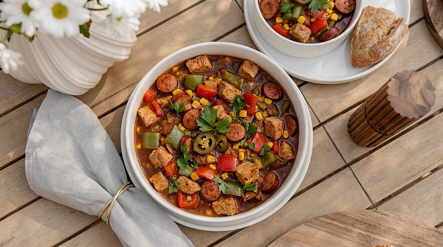 Blick von oben auf eine weiße Schüssel mit würzigem Chili: Scheiben von Wurst, bunte Paprikawürfel, Bohnen und Kräuter, garniert mit Koriander und Jalapeño, auf Holztisch serviert.