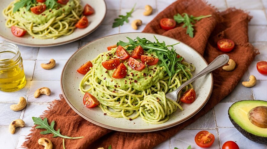 Ein Teller Pasta mit grüner Avocado-Soße, garniert mit Kirschtomaten und Rucola. Der Teller steht auf einem Tisch, umgeben von Nüssen und einer halben Avocado. Ein weiteres Gericht ist im Hintergrund sichtbar.
