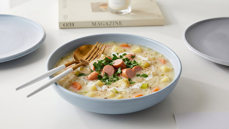 In einer flachen Schüssel befindet sich eine cremige Suppe mit Karotten, Kartoffeln und Würstchen, garniert mit frischer Petersilie. Zwei Bestecke, eine Gabel und ein Löffel, liegen neben der Schüssel. Im Hintergrund sind zwei leere Teller und ein Buch zu sehen.