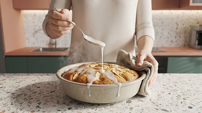 Hände einer Person gießen mit einem Löffel weißen Zuckerguss über einen frisch gebackenen Kranzkuchen in einer Schüssel auf der Küchenarbeitsplatte.