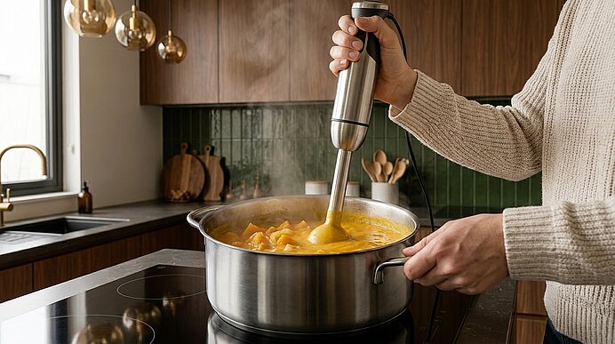 Hände halten einen Stabmixer und pürieren heiße Kürbis- oder Gemüsesuppe in einem großen Edelstahltopf auf dem Herd.