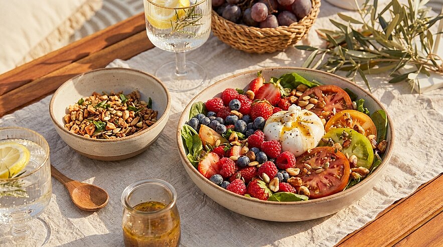 Große Schale mit buntem Sommer‑Bowl: Blattsalat, bunte Tomatenscheiben, Erdbeeren, Himbeeren, Blaubeeren, eine weiche Käsekugel in der Mitte und grob bestreute Nüsse und Saaten.