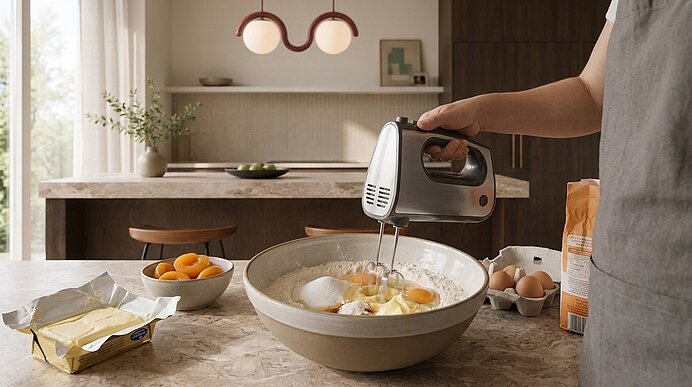 Hand hält ein elektrisches Handrührgerät und rührt Eier und Teig in einer großen Schüssel auf einer Küchenarbeitsplatte; Butter, Eierkarton und Zutaten stehen daneben.