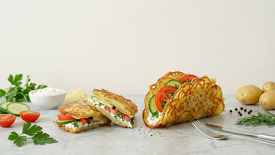 Ein Teller mit zwei herzhaften Kartoffeltaschen, gefüllt mit frischen Tomaten, Gurken und Kräutern. Eine der Taschen ist aufgeschnitten, während nebenan eine ganze Tasche steht. Im Hintergrund sind Kartoffeln und Kräuter zu sehen.