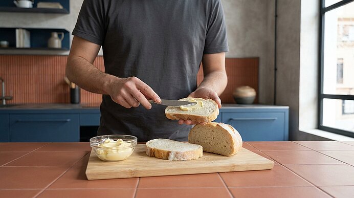 Jemand streicht mit einem Messer Butter auf eine Brotscheibe; auf einem Holzbrett liegen ein angeschnittenes Brot und eine kleine Schüssel mit Butter.
