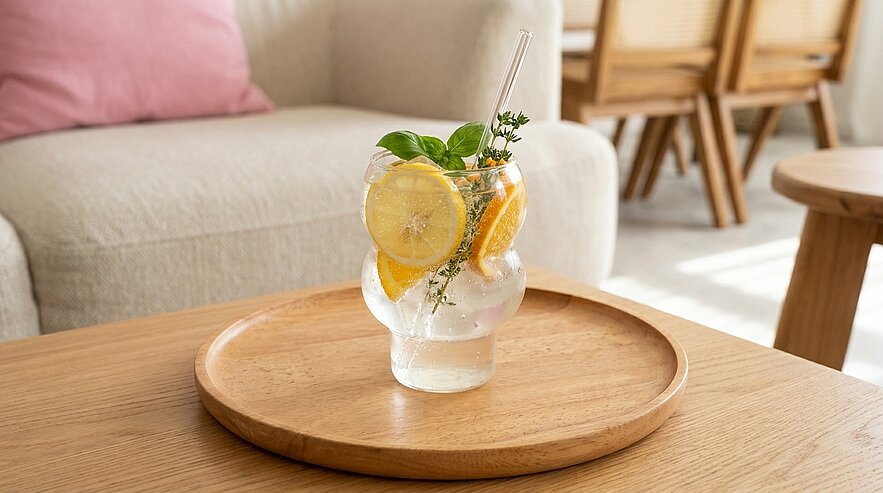 Glas mit Zitronenscheiben, Eiswürfeln, frischen Kräutern und Glasstrohhalm auf einem runden Holztablett auf einem Couchtisch.