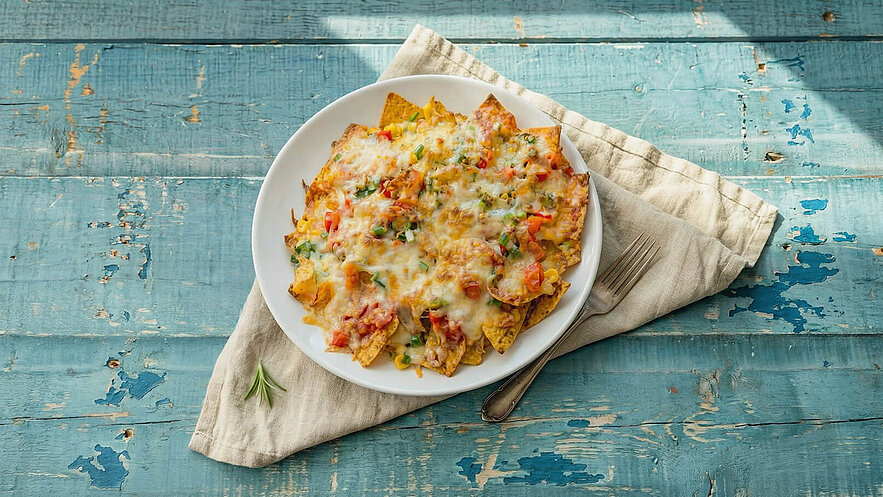 Auf dem Bild sind knusprige Nachos auf einem weißen Teller zu sehen, überzogen mit geschmolzenem Käse, Tomaten und frischen Kräutern. Der Teller liegt auf einem blauen Holztisch, umgeben von einem hellen Tuch und einem Besteck.