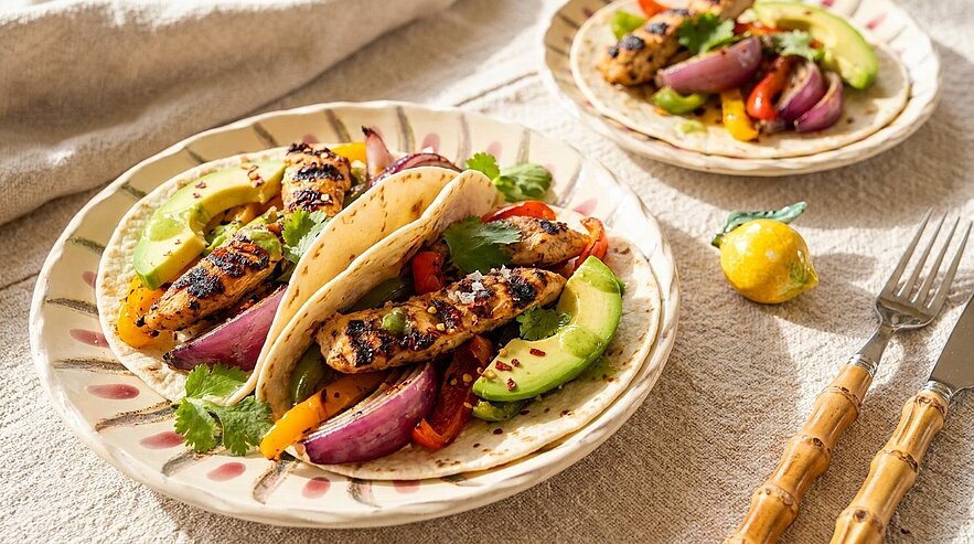 Zwei Teller mit Tacos: weiche Tortillas gefüllt mit gegrilltem Hähnchen, Avocadoscheiben, roten Zwiebeln, Paprika und Koriander; Zitronenviertel daneben.
