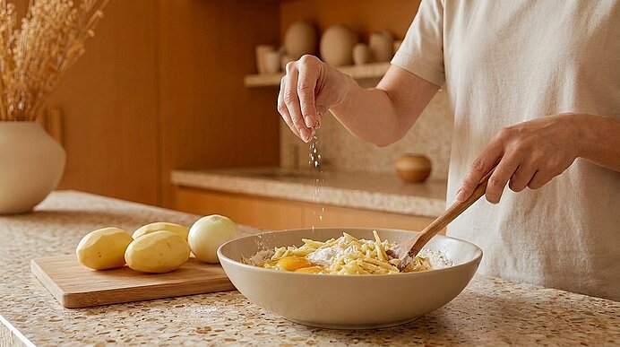 Hände einer Person streuen Salz über eine Schüssel mit geriebenen Kartoffeln und Eiern; mit einem Holzlöffel wird die Mischung gerührt. Drei Kartoffeln liegen auf einem Schneidebrett.