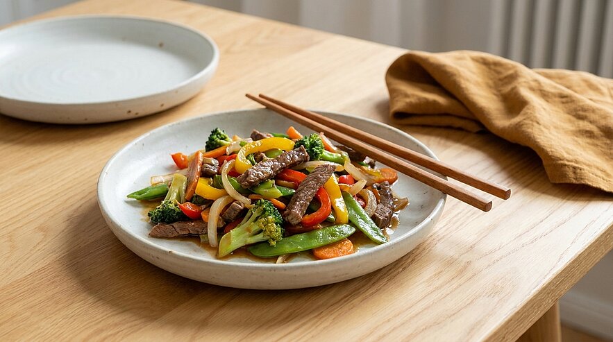 Teller mit Rindfleisch-Gemüse-Wok: gebratene Rindstreifen mit Brokkoli, Zuckerschoten, Paprika, Zwiebeln und Karotten; Essstäbchen liegen auf dem Teller.