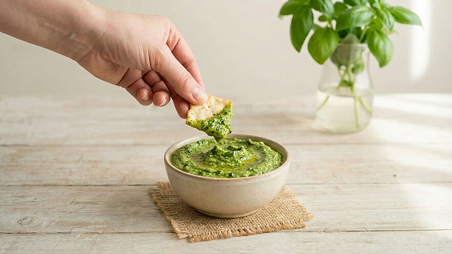 Eine Hand hält ein Stück Brot und taucht es in eine Schüssel mit grünem Dip. Der Dip hat eine cremige Konsistenz und die Schüssel steht auf einem Holzuntergrund. Im Hintergrund ist eine Pflanze in einer Glasvase zu sehen.